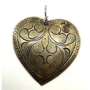 Vintage Engraved Heart Pendant Large Floral Scroll Silver Tone Charm Boho Wester